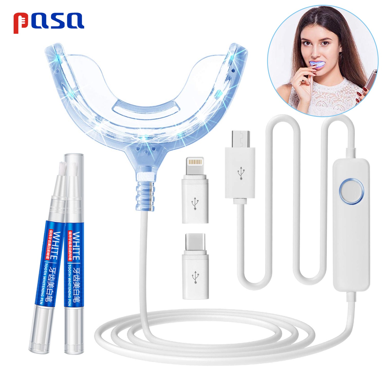 Teeth Whitening Home Kit - Tragbares LED-Kaltblaulicht-Zahnaufhellungs-Set - 2 Gel-Applikatoren für